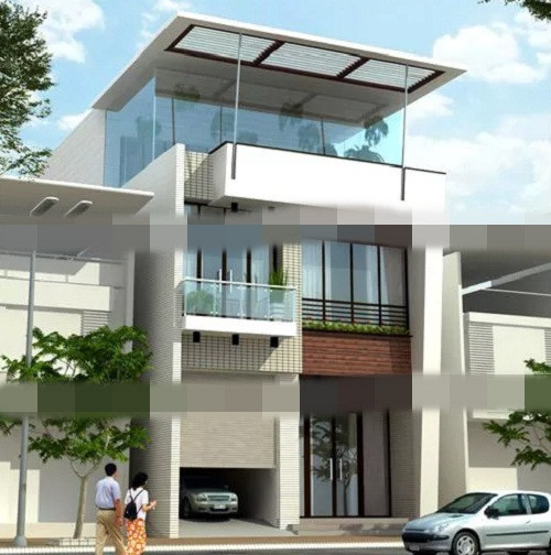 Nhà phố 2 tầng 1 tum cuốn hút với màu sắc trung tính tươi trẻ cùng ô cửa kính diện tích lớn. Ảnh: Thietkexaydungnhadep.