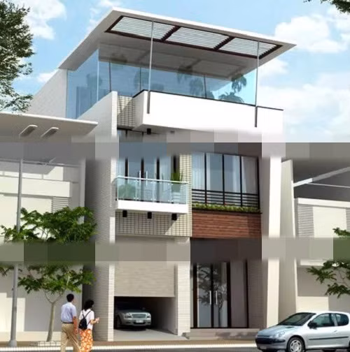 Nhà phố 2 tầng 1 tum cuốn hút với màu sắc trung tính tươi trẻ cùng ô cửa kính diện tích lớn. Ảnh: Thietkexaydungnhadep.