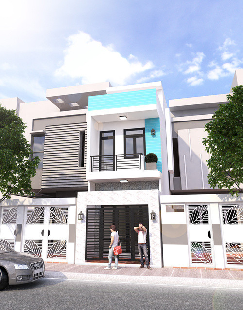 Mặt tiền ngôi nhà được gợi ý theo thiết kế đơn giản nhưng trẻ trung với sự điểm xuyết của màu xanh. Ảnh: Xaynhasaigon.