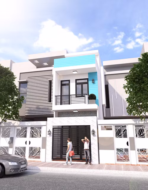 Mặt tiền ngôi nhà được gợi ý theo thiết kế đơn giản nhưng trẻ trung với sự điểm xuyết của màu xanh. Ảnh: Xaynhasaigon.