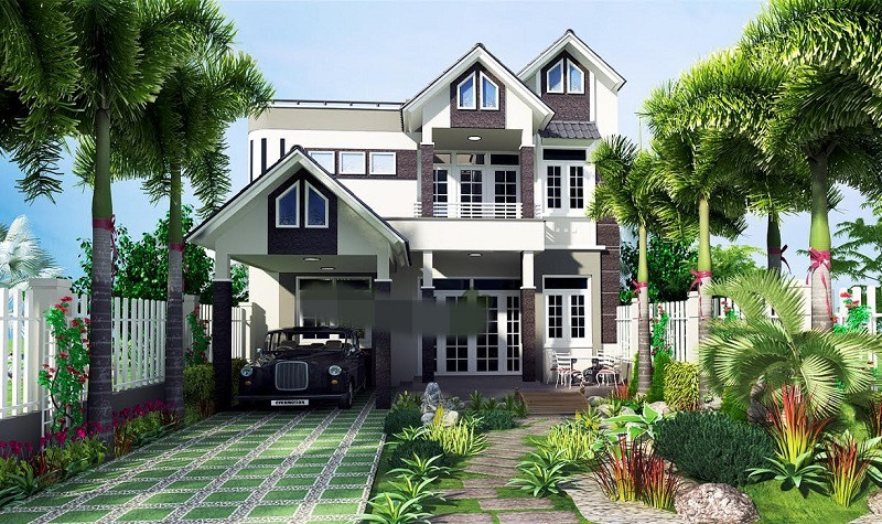 Bố cục nên thơ, mạnh mẽ, thoáng đạt với cây xanh và hoa cỏ là điểm nhấn của ngôi nhà. Ảnh: Thietkexaynha.