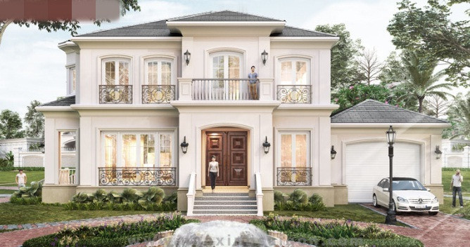 Việc sử dụng khéo léo các mảng khối, màu sắc, họa tiết trang trí đậm chất châu Âu mang đến vẻ đẹp đẳng cấp của nhà vườn 2 tầng. Ảnh: Nhaxinh.