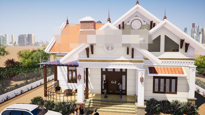 Nhà vườn 1 tầng bố trí 2 vườn hoa ở 2 phía bên trái và bên phải của sảnh chính mặt tiền. Ảnh: Kisato.