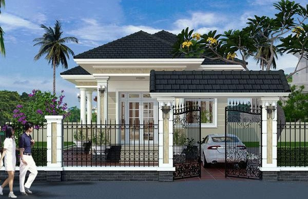 Nhà cấp 4 mái thái nổi bật với những đường gờ chạy kẻ lõm ngang, hệ trụ cột được trang trí khá cầu kỳ. Ảnh: Wedo.