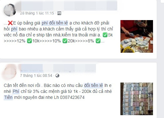 Phí đổi tiền lẻ ở các nơi không giống nhau. Ảnh chụp màn hình Facebook.