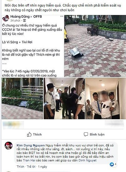 Vụ việc khiến nhiều cư dân tập trung yêu cầu ban quản lý chung cư phải làm việc với công an khu vực để tìm ra kẻ đã ném đồ, gây nguy hiểm cho tính mạng người sinh sống tại đây. Ảnh: Lao động.