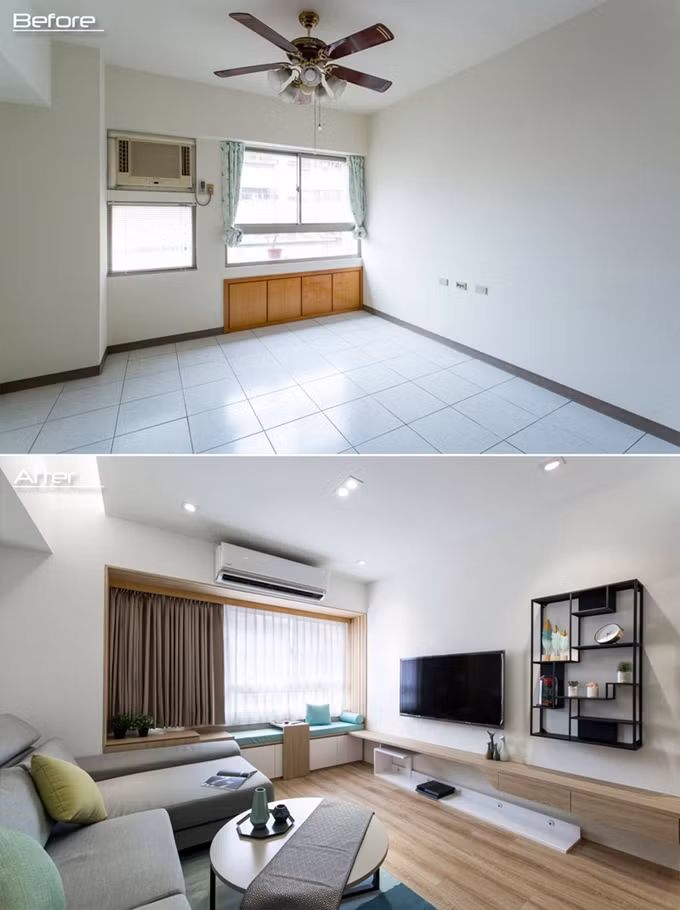 Gạch lát nền trắng trước đây được thay bằng sàn gỗ ấm cúng và hiện đại.