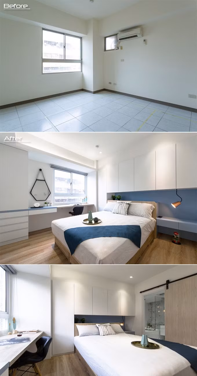 Phòng ngủ sử dụng gam màu trắng chủ đạo.