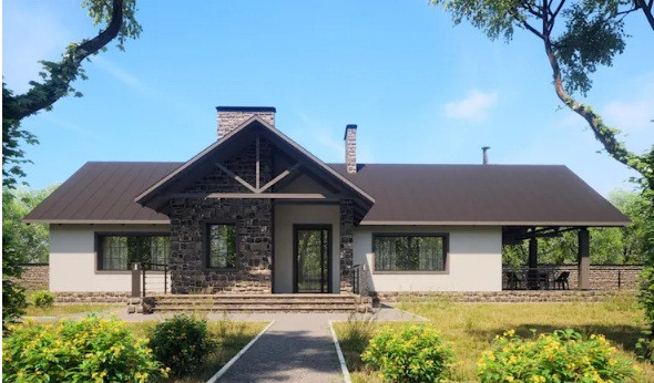 Mặt tiền được lát đá với mái nhà theo phong cách Yamagata.