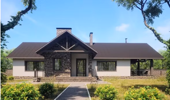 Mặt tiền được lát đá với mái nhà theo phong cách Yamagata.