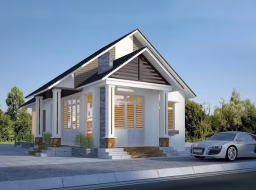  Mẫu nhà cấp 4 ngang dài 20m bắt mắt với hệ thống mái thái cân đối và gam màu vàng tươi sáng cho mặt tiền. Ảnh: Xaydungnamlong.