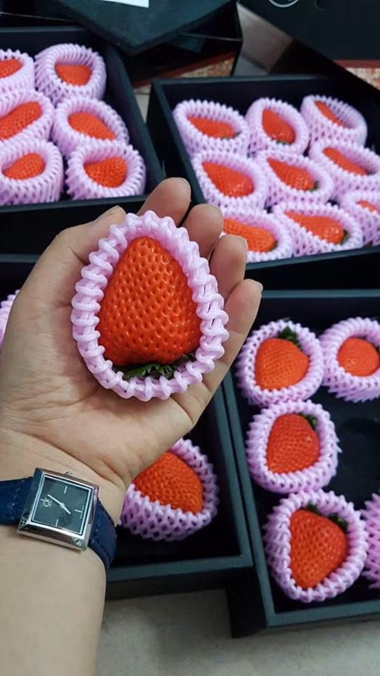 Dâu okimi thường được đóng gói đẹp mắt, giá bán từ 1 - 1,4 triệu đồng/hộp (700g). Ảnh: Facebook.