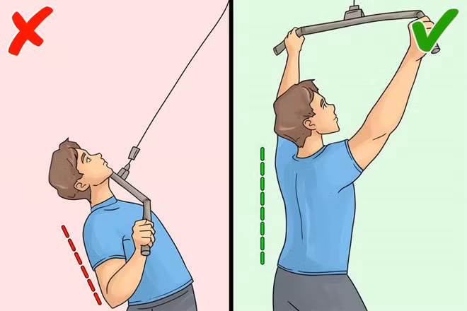 Bài tập cho cơ xô: Động tác này rất phổ biến, giúp tăng hiệu quả cho các cơ vùng lưng và siết cơ xô tốt hơn. Khi thực hiện bài tập, lỗi phổ biến nhất là xoay quá mức ra phía sau trong khi kéo thanh về phía ngực, có thể gây chấn thương đến lưng. Thay vào đó, bạn nên đứng ngay dưới thanh để tránh thanh bị đung đưa. Ngoài ra, bạn cũng nên tránh kéo thanh xuống quá thấp. Cách tốt nhất là đưa thanh đòn ngay dưới cằm hoặc cho đến khi nó chạm vào ngực trên của bạn và cũng đừng giữ khuỷu tay quá gần nhau.