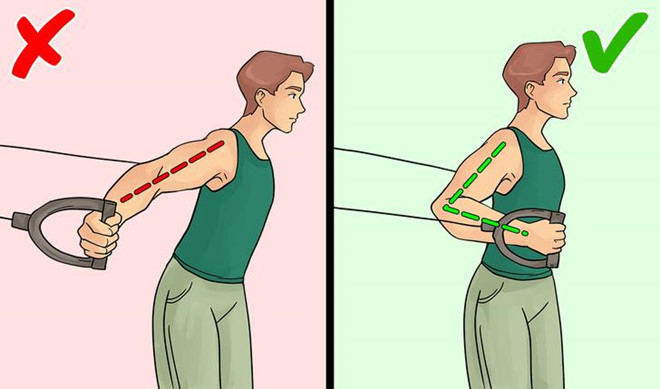 Kéo cáp: Bài tập này giúp tăng cường cơ ngực, cơ tam đầu và vai. Tuy nhiên, mọi người thường có xu hướng khóa khuỷu tay hoặc kéo cánh tay trở lại quá xa, làm tăng nguy cơ hạ huyết áp và tổn thương vai, ngực. Bạn nên gập cánh tay một góc khoảng 45 độ, khi kéo cáp, hai tay dừng sát và thẳng hàng với ngực.