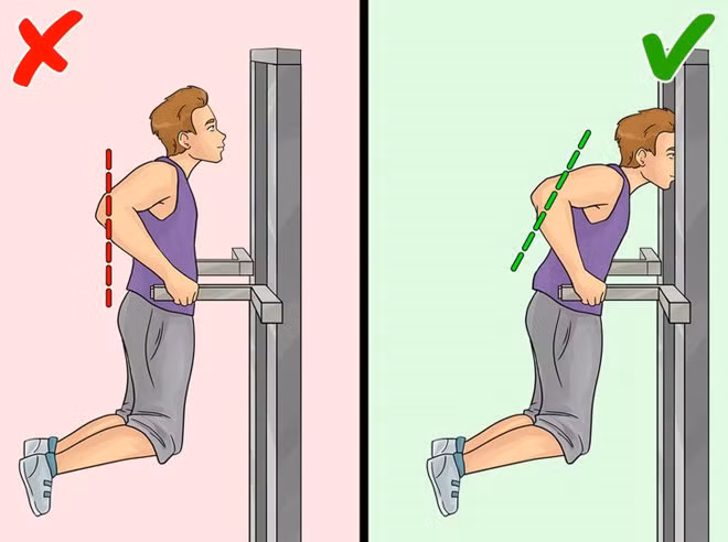 Chống đẩy trên xà kép: Bài tập này tốt cho cơ ở tay, cánh tay, ngực, vai và cơ bụng. Tuy nhiên, nó không phù hợp với những người quá thấp vì có thể gây áp lực lên vai. Ngoài ra, khi thực hiện động tác này, bạn không nên cố gắng giữ phần thân trên thẳng đứng. Thay vào đó, hơi nghiêng người về phía trước khoảng 30 độ, hông đưa ra sau để giữ thăng bằng.