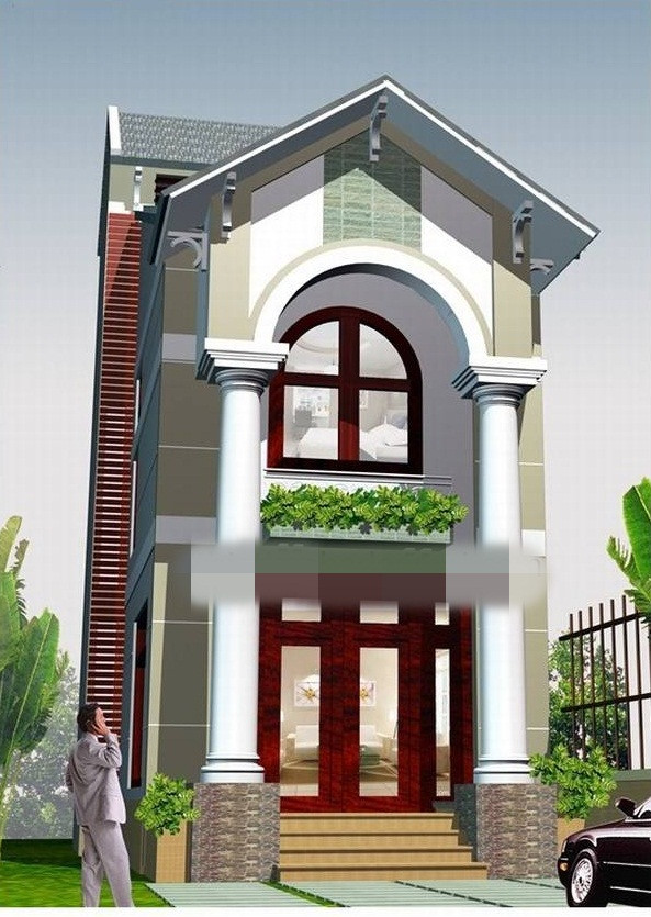 Mặt tiền nhà 2 tầng độc đáo có mái trước vuông góc với mái sau. Ảnh: Thietkenhadepmoi.