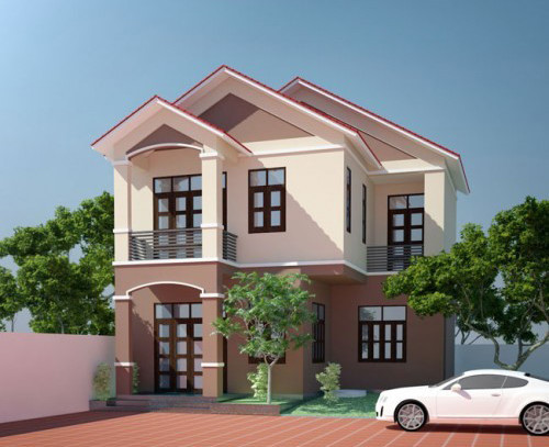 Xây theo hình chữ L, nhà 2 tầng mái thái với tầng 1 là phòng khách, 2 phòng ngủ và mở cửa hậu sang bên phải để đi ra bếp. Mặt bằng tầng 2 được thiết kế với 3 phòng ngủ và 1 phòng vệ sinh chung cho cả tầng. Ảnh: Thietkethicongnhadep.