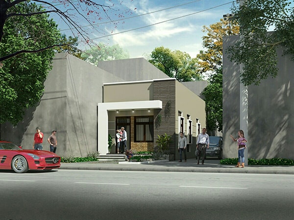 Với 75m2, nhà 1 tầng bao gồm phòng khách kết hợp thờ, phòng bếp và ăn, 2 phòng ngủ và 1 phòng vệ sinh chung. Ảnh: Ecothanglong.