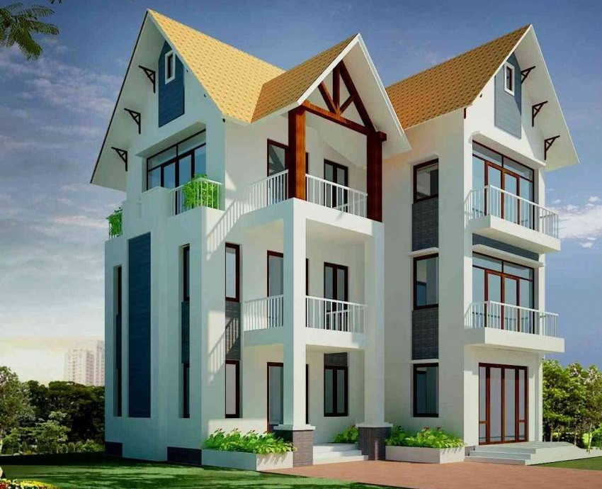 Mẫu biệt thự nhà vườn sử dụng sơn trắng kết hợp hài hòa mái ngói vàng tươi. Ảnh: Kientrucadong.