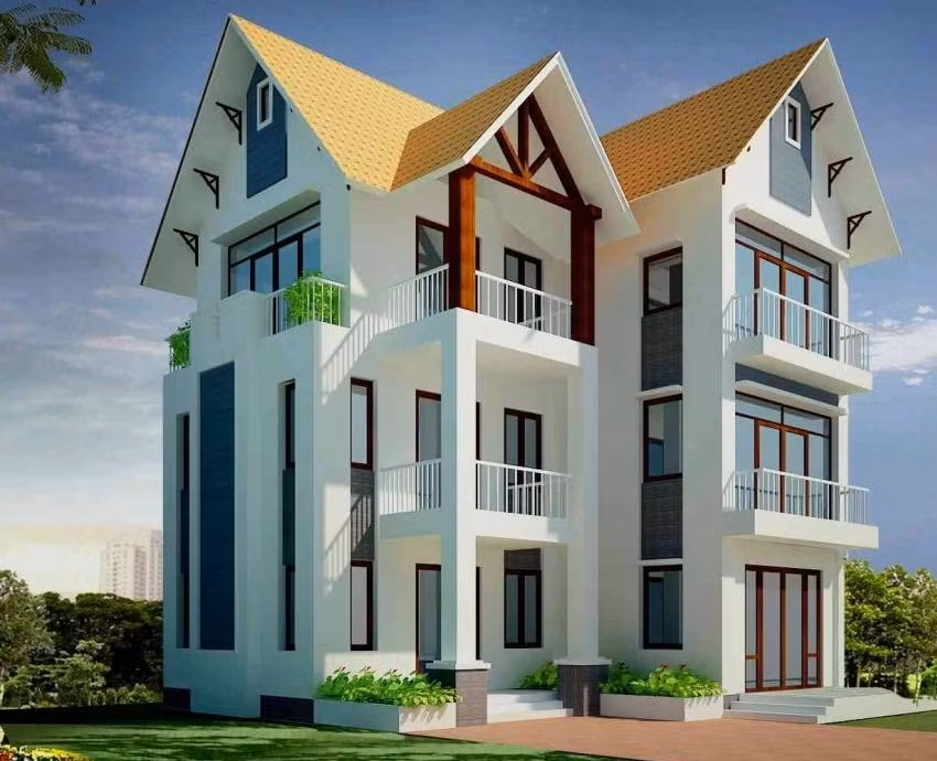 Mẫu biệt thự nhà vườn sử dụng sơn trắng kết hợp hài hòa mái ngói vàng tươi. Ảnh: Kientrucadong.