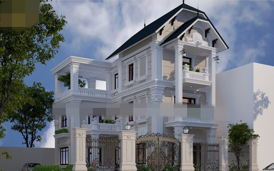 Biệt thự tân cổ điển nổi bật với các đường nét, hoạ tiết và hoa văn tinh tế từ đầu cột, gờ, phào đến các mảng tường. Ảnh: Greenhouse.