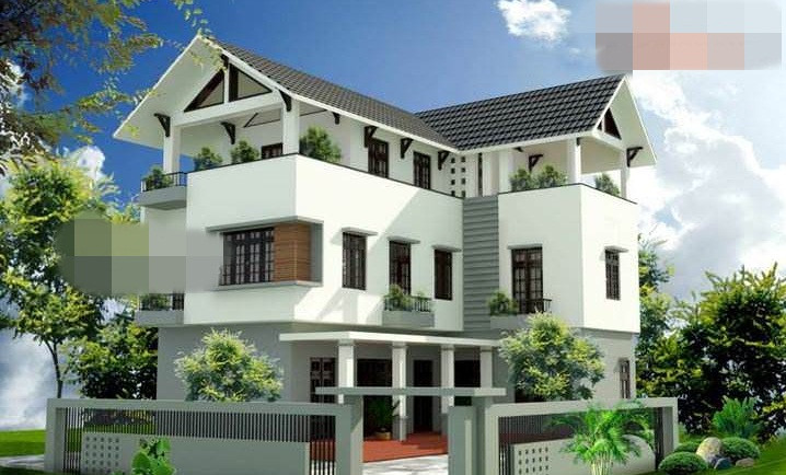 Biệt thự chữ L ấn tượng với các hình khối vững chắc. Ảnh: Vinavic.