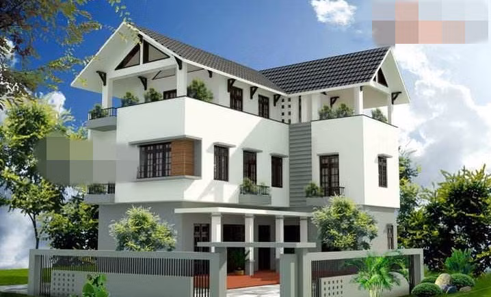 Biệt thự chữ L ấn tượng với các hình khối vững chắc. Ảnh: Vinavic.