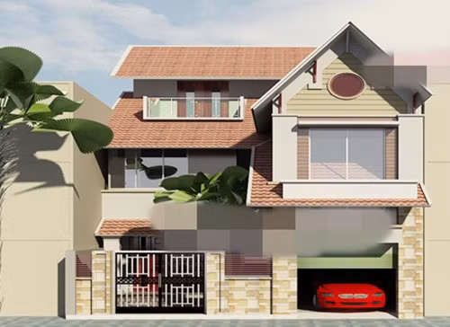 Nhà phố 2 tầng 1 tum mặt tiền rộng ngang 7m sâu 15m bao gồm 2 phòng ngủ, có gara cho xe 7 chỗ và 2 xe máy. Ảnh: Vuanhadep.