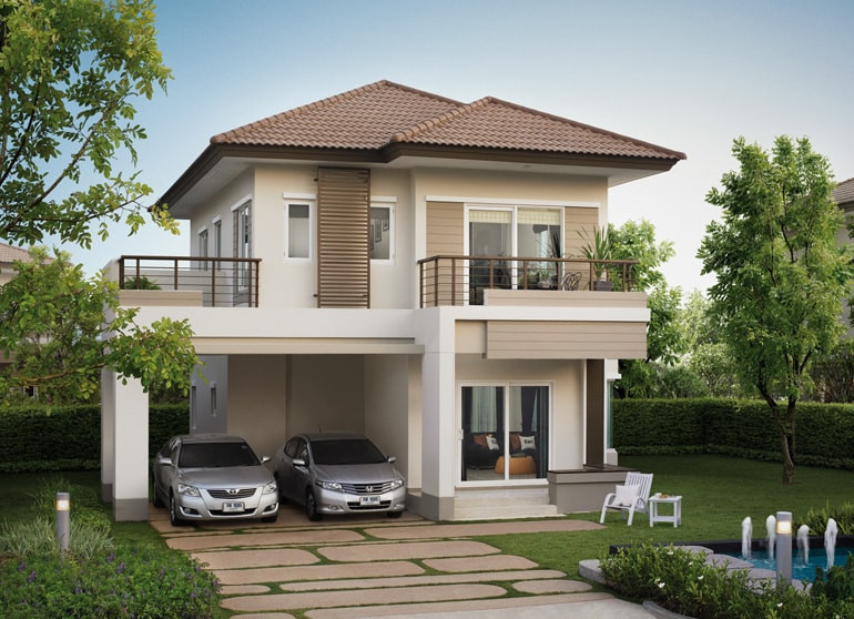 Mẫu nhà 2 tầng có sân vườn được chăm chút tỉ mỉ tạo nên khung cảnh xanh mát, hài hòa cân bằng giữa yếu tố nhân tạo và tự nhiên. Ảnh: Kientrucboba.