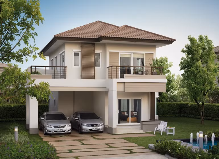 Mẫu nhà 2 tầng có sân vườn được chăm chút tỉ mỉ tạo nên khung cảnh xanh mát, hài hòa cân bằng giữa yếu tố nhân tạo và tự nhiên. Ảnh: Kientrucboba.