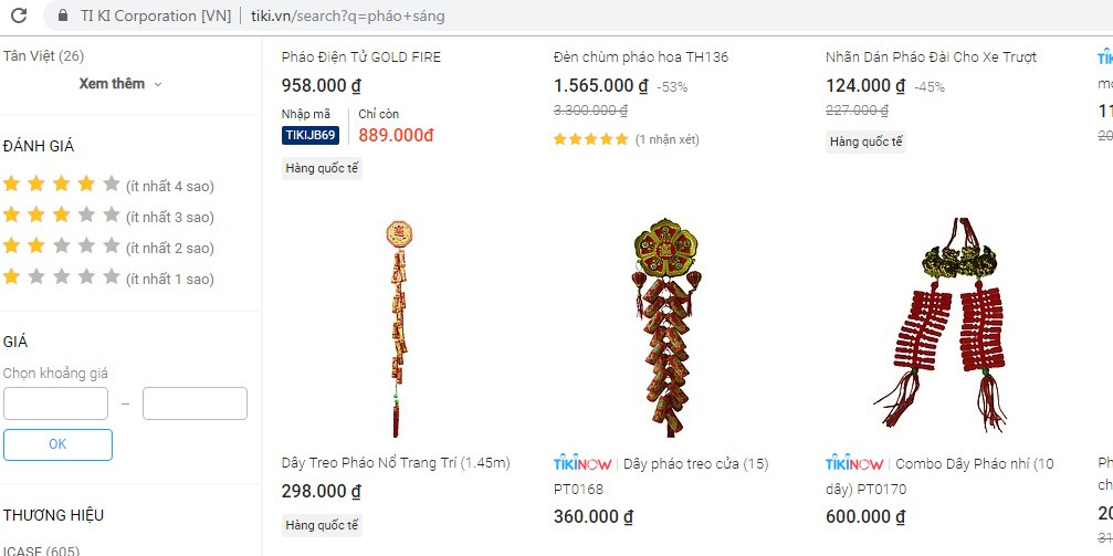 Đáng chú ý, loại dây pháo nổ trang trí cũng được rao bán trên Tiki. Ảnh chụp màn hình.
