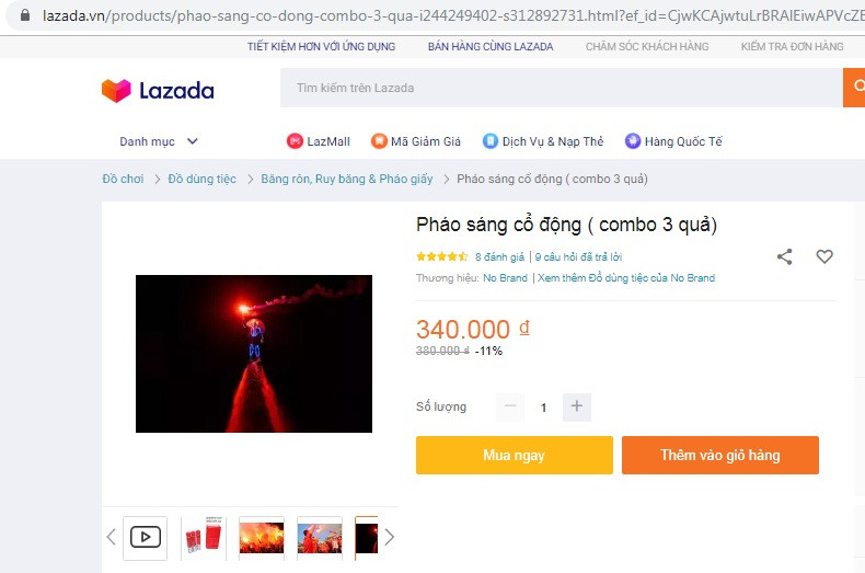 Nếu mua combo 3 quả, giá pháo sáng cổ động trên Lazada chỉ còn 340.000 đồng/combo. (Ảnh chụp màn hình lazada.vn)