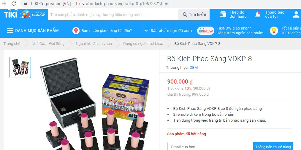 Trên Tiki.vn còn bán bộ kích pháo sáng với giá 900.000 đồng. Sản phẩm này được giới thiệu là tiện dụng trong việc trang trí bắn pháo sáng sân khấu. Phạm vi điều khiển của bộ kích pháo điều khiển từ xa lên tới 50m,tối đa lần kích là 8 quả, pin sạc không dây và không bị ảnh hưởng bởi vật cản, tiện lợi mọi địa hình, di chuyển dễ dàng và sử dụng tiện lợi. (Ảnh chụp màn hình tiki.vn)