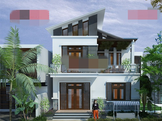 Điểm nhấn trong kiến trúc biệt thự 2 tầng là kết cấu mái lệch đẹp được đổ bê tông dán ngói thái màu ghi sẫm. Ảnh: Angcovat.