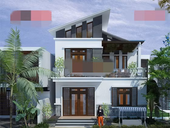 Điểm nhấn trong kiến trúc biệt thự 2 tầng là kết cấu mái lệch đẹp được đổ bê tông dán ngói thái màu ghi sẫm. Ảnh: Angcovat.