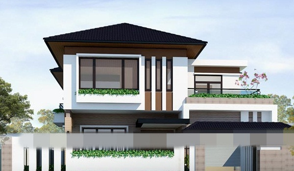 Trên nền gam màu trắng chủ đạo, biệt thự điểm xuyết các màu trầm ở cửa sổ, mái ngói. Ảnh: Savic.