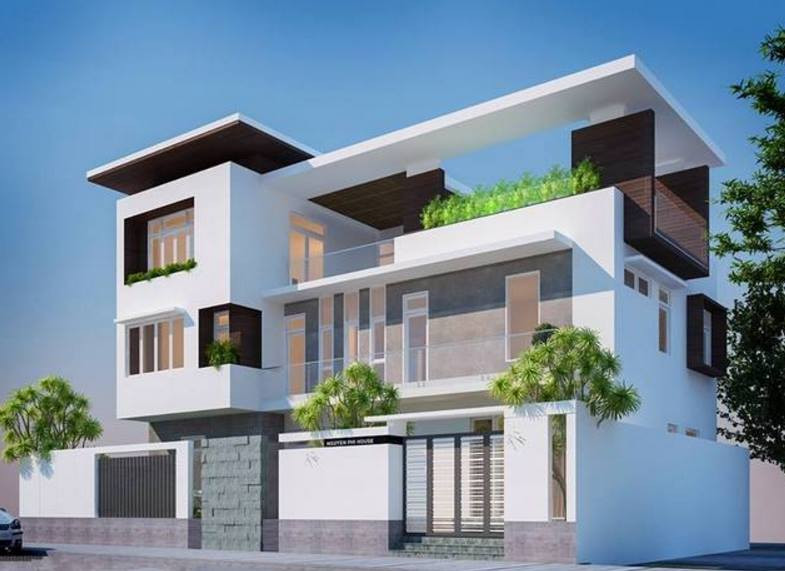 Biệt thự 2 tầng đẹp tinh khôi với kiến trúc tối giản, đường nét thiết kế khỏe khoắn. Ảnh: Holcim.