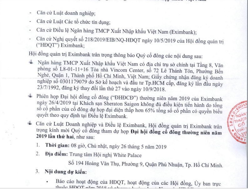 Eximbank chốt ngày họp đại hội cổ đông lần hai Eximbank chot ngay hop dai hoi co dong lan hai