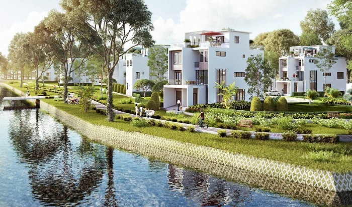 Thiết kế tổng thể của dự án Villa Park mang đậm chất Mỹ, từ cách bố trí các căn biệt thự cho đến hệ thống cây xanh, mặt nước. Hệ thống kênh đào uốn quanh các biệt thự, đường tản bộ nội khu ôm sát dòng kênh, cộng thêm 8 công viên cây xanh chiếm hơn 50% tổng diện tích tạo nên không gian sống hài hòa với thiên nhiên. (Hình ảnh phối cảnh của dự án)