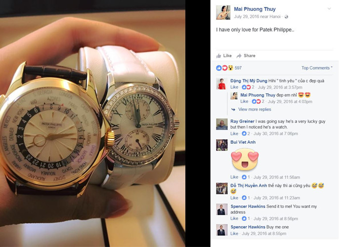 Patek Phillippe là thương hiệu đồng hồ yêu thích của Mai Phương Thúy. Chiếc bên trái có giá trị vào khoảng 40.000 USD, chiếc bé hơn vào khoảng 35.000 USD. Ảnh: Dân Việt.