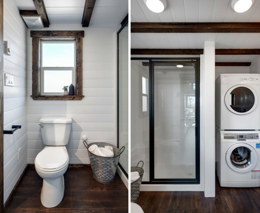 Phòng tắm rộng rãi, có máy giặt và máy sấy quần áo.