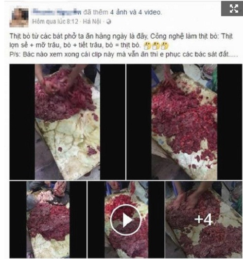 Năm 2016, Báo Đất Việt đưa tin về việc thịt bò giả bằng thịt lợn sề, mỡ trâu. Ảnh: Baodatviet.