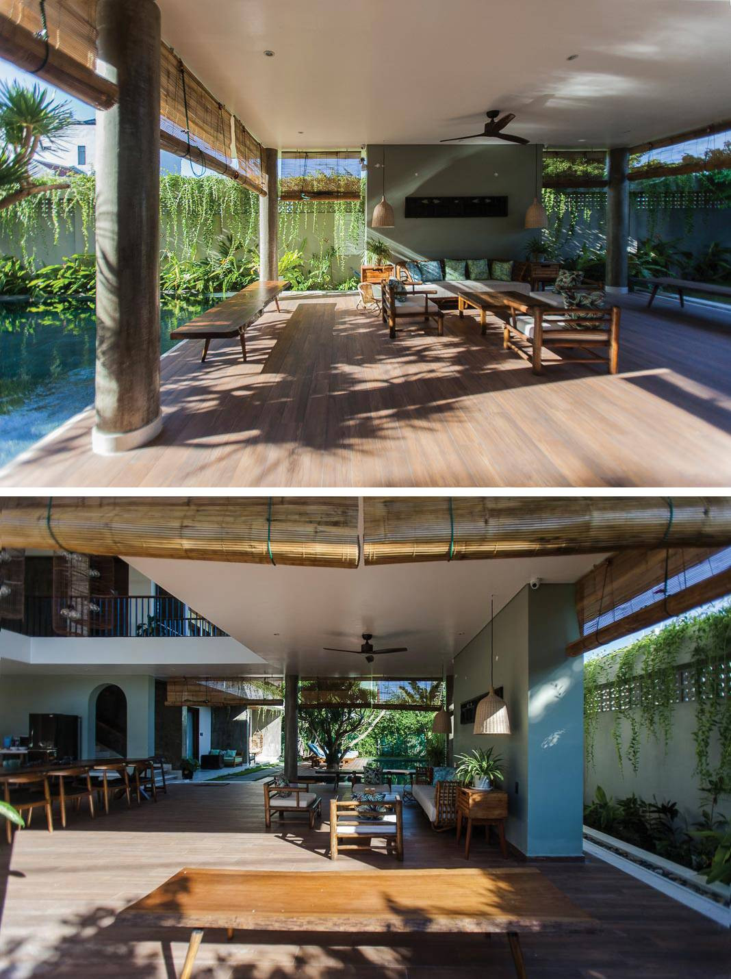 Tầng một thiết kế mở với không gian sinh hoạt chung, phòng ăn, bếp, phòng đọc sách.