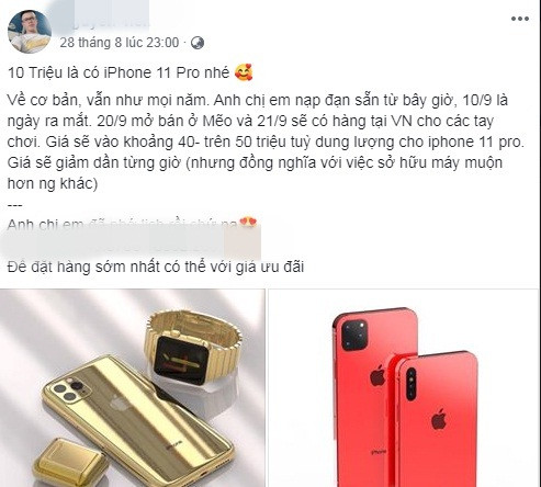 Rao bán trên Faebook, chủ một cửa hàng cho biết, ngày 20/9 iPhone 11 mở bán ở Mỹ và 21/9 sẽ có hàng tại Việt Nam. Ảnh chụp màn hình.