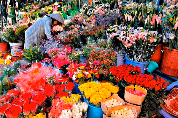 Chợ Đà Lạt được xem là chợ hoa lớn nhất ở thành phố ngàn hoa. Những ngày cận tết, xung quanh chợ và khu vực Hồ Xuân Hương, hoa được trưng bày đẹp mắt với đủ hương đủ sắc. Ảnh: Dulich24.
