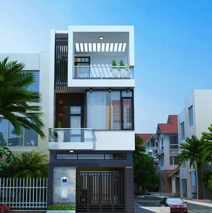 Nhà 2 tầng đẹp nổi bật với mặt đứng sử dụng mảng màu sắc nhẹ nhàng và hình khối đơn giản. Ảnh: Wedo.