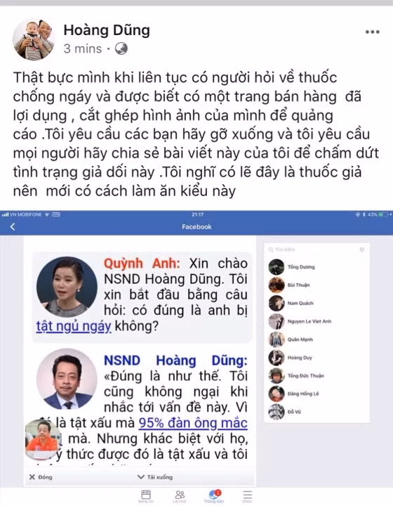 NSND Hoàng Dũng cũng không nằm ngoài tầm ngắm của các nhãn hàng. Năm 2018, NSND Hoàng Dũng bày tỏ bức xúc khi một trang bán hàng đã đăng hình ảnh của ông quảng cáo cho một loại thuốc trị ngáy. Ảnh: Vietnamnet.
