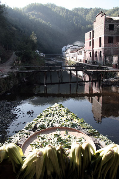 Để qua sông, người dân phải đi cây cầu nhỏ bằng tre. (Ảnh: Blogspot)