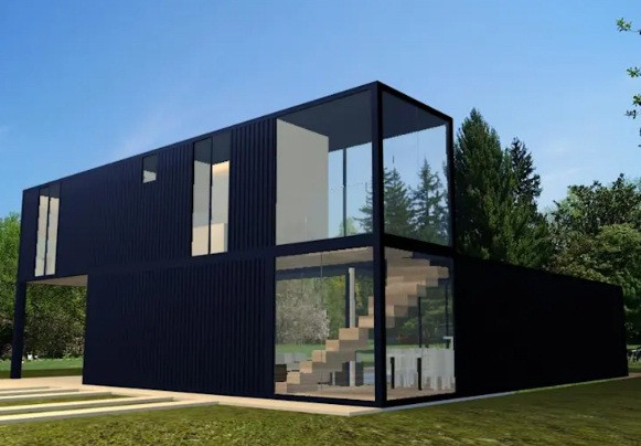 Ngôi nhà 2 tầng được ghép lại từ 3 chiếc container với kích thước khác nhau. Tầng 1 được cấu thành từ 2 chiếc ghép lại theo hình chữ L. Ảnh: Casa contrainer.