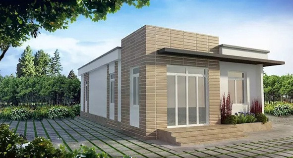 Nhà mái bằng kiểu dáng hiện đại với cách sử dụng vật liệu tiết chế từ màu sơn tường cho đến màu đá ốp. Ảnh: Song Phat Contructions.